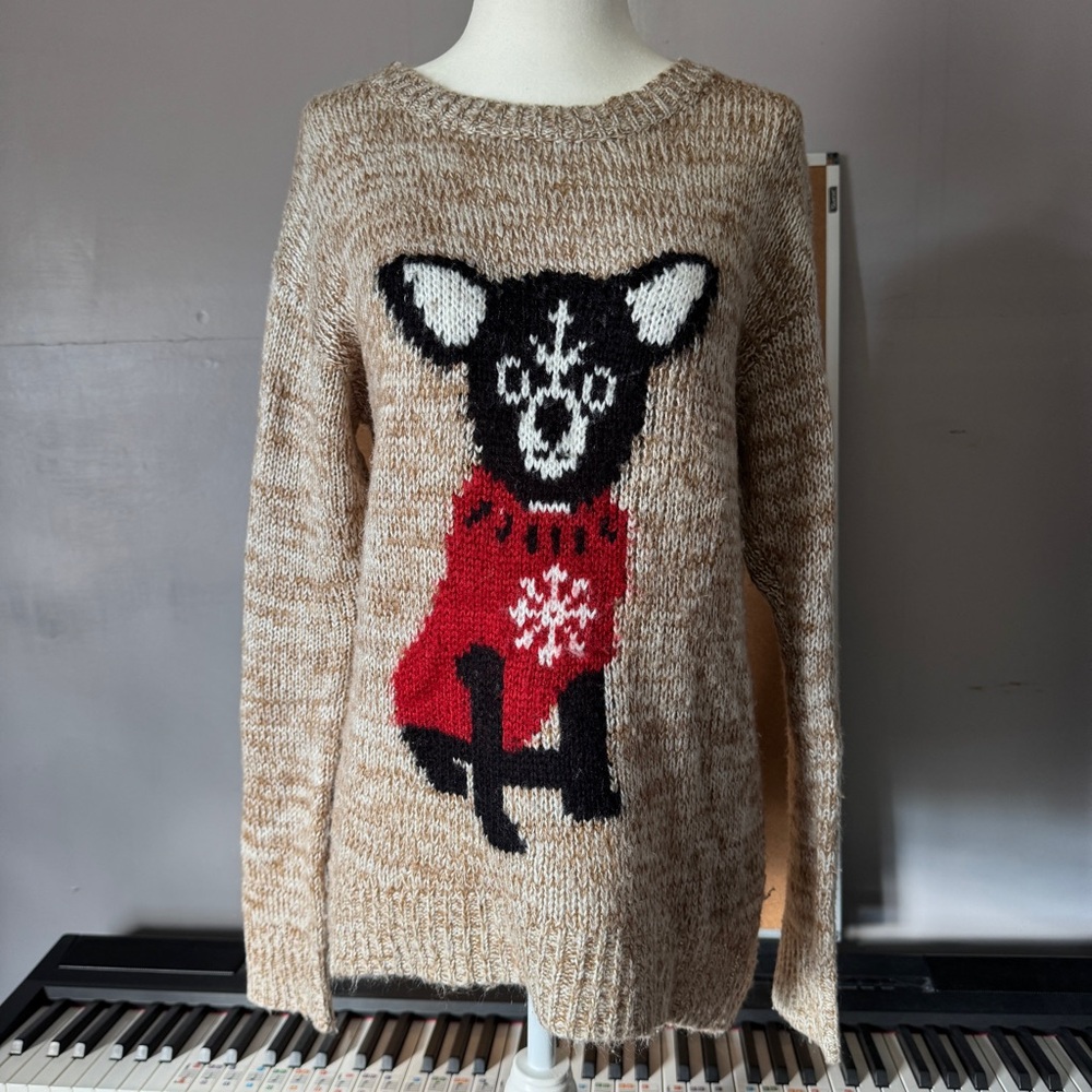Xhilaration Tan Sweater with Festive Dog Design